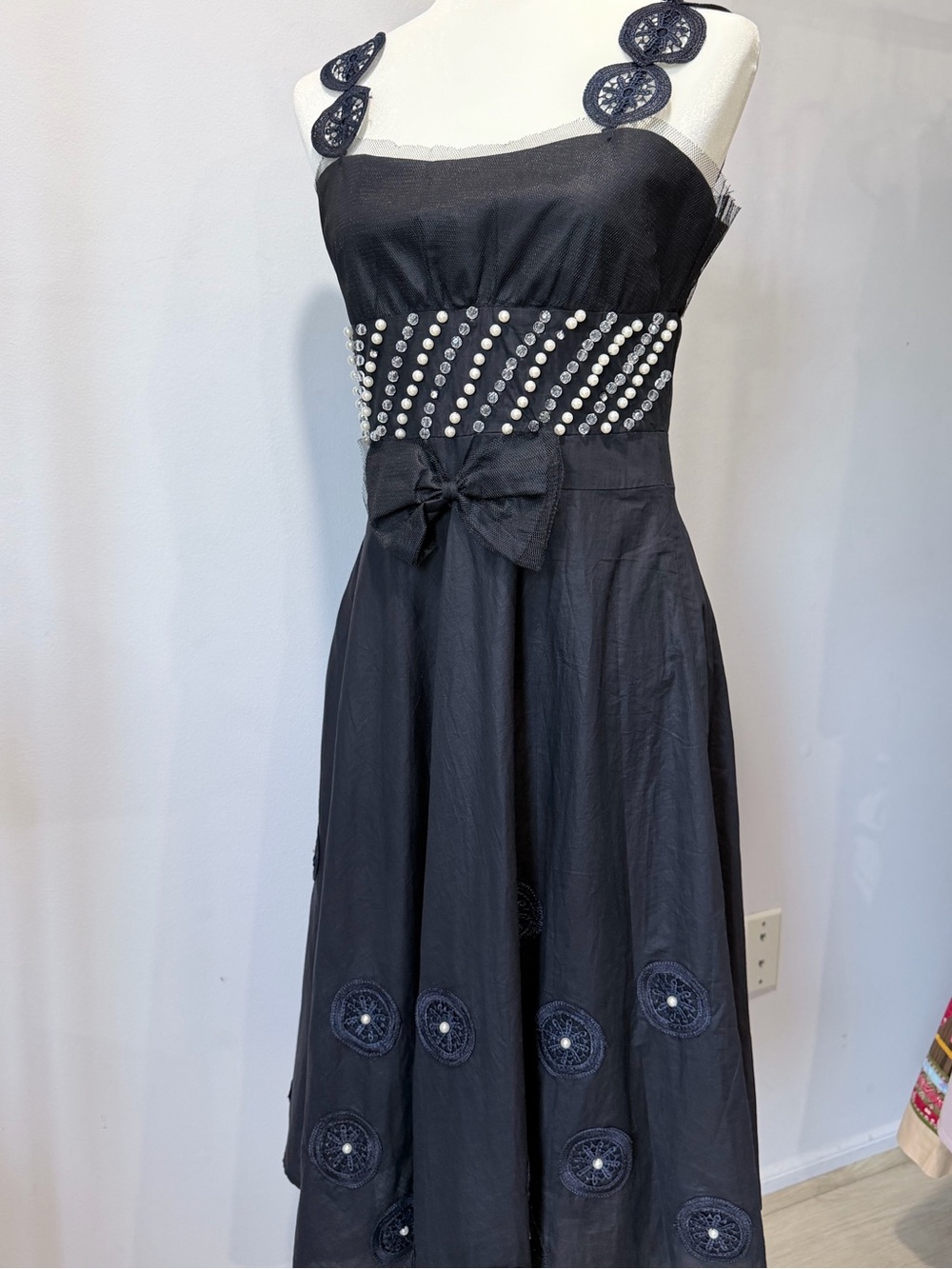 Black Embellished Bow Midi Dress